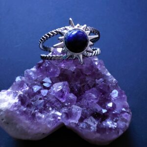 Bague soleil acier inoxydable argent, ajustable, Lapis Lazuli