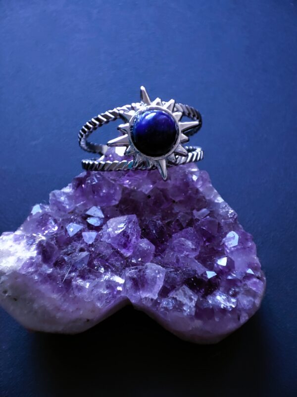 Bague soleil acier inoxydable argent, ajustable, Lapis Lazuli