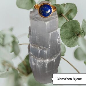 Bague acier inoxydable doré, ajustable, Lapis Lazuli