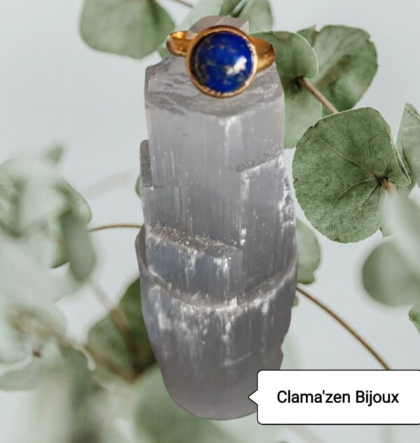 Bague acier inoxydable doré, ajustable, Lapis Lazuli