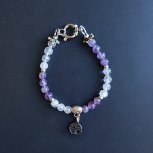 Bracelet Améthyste chevron et Cristal de roche (6 mm), breloque Arbre de vie