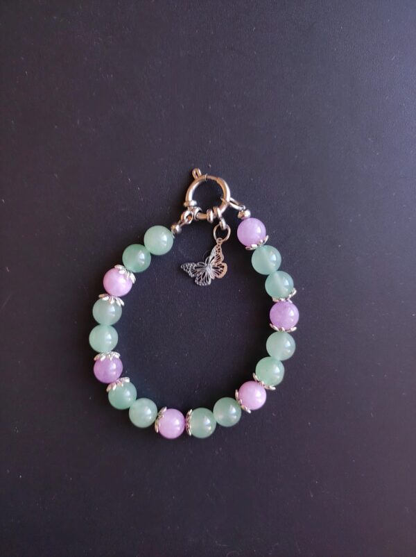 Bracelet Aventurine verte et Améthyste (8 mm), breloque paillon et coupelles