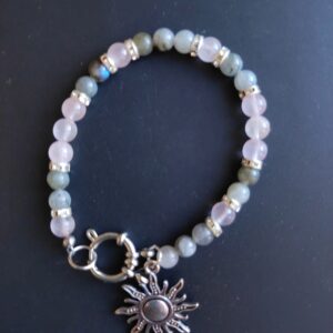 Bracelet Labradorite et Quartz rose (6 mm), breloque soleil et diamants