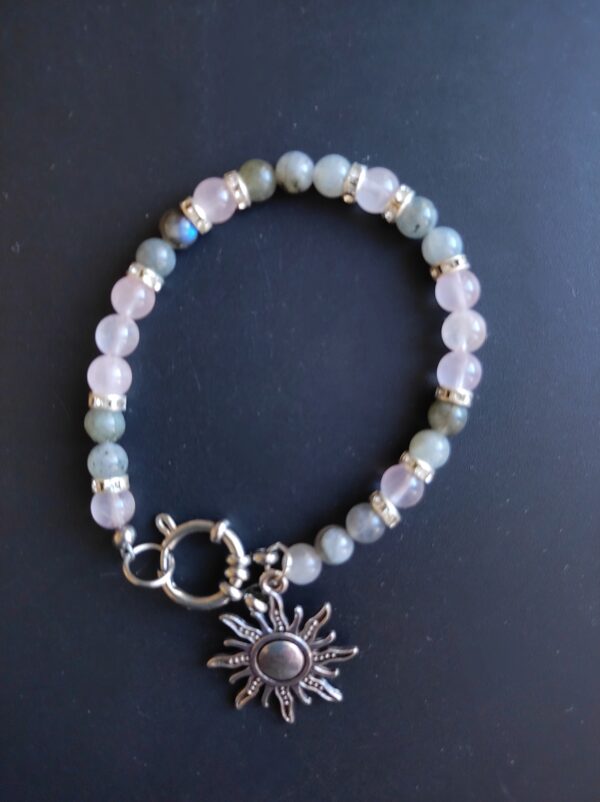 Bracelet Labradorite et Quartz rose (6 mm), breloque soleil et diamants