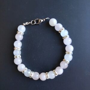 Bracelet Quartz rose et Jade blanc (8 mm), diamants