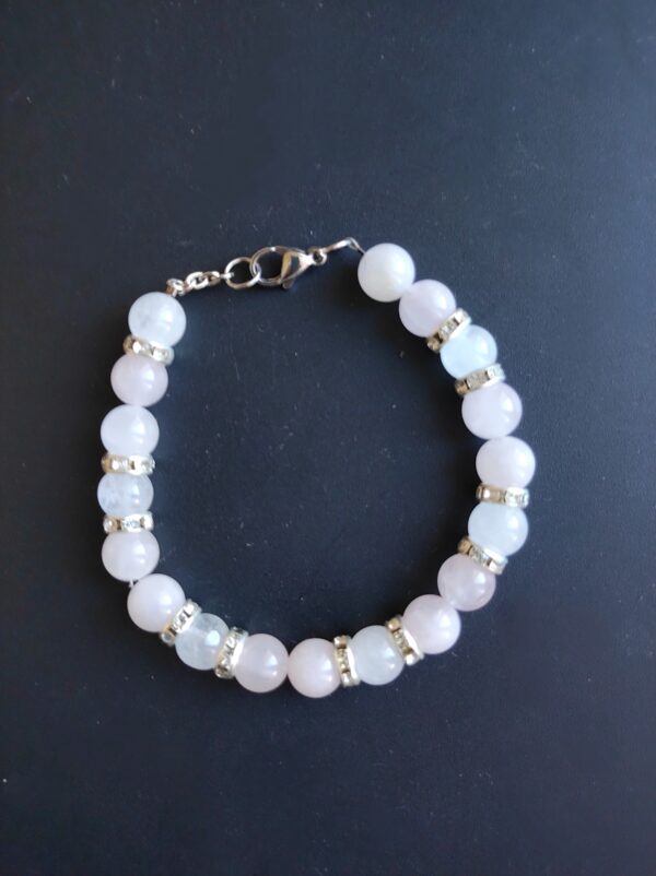 Bracelet Quartz rose et Jade blanc (8 mm), diamants