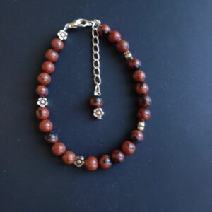Bracelet Obsidienne acajou (6 mm) et entretoises fleur