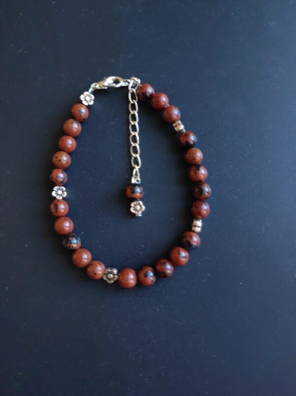 Bracelet Obsidienne acajou (6 mm) et entretoises fleur