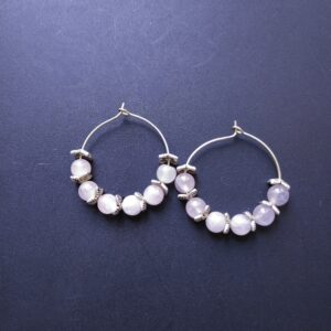 Boucles d'oreilles créoles Quartz rose (perle naturelle en 6 mm) et entretoises