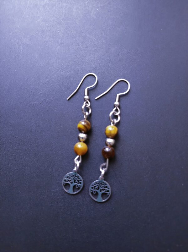 Boucles d'oreilles œil de tigre (perle naturelle en 6 mm) et Arbre de vie