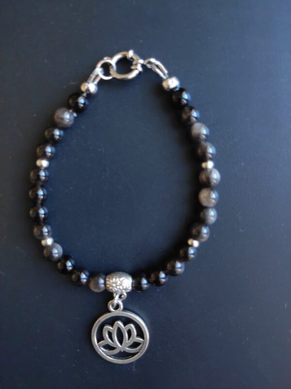 Bracelet Obsidienne œil céleste (6 mm) et breloque Lotus