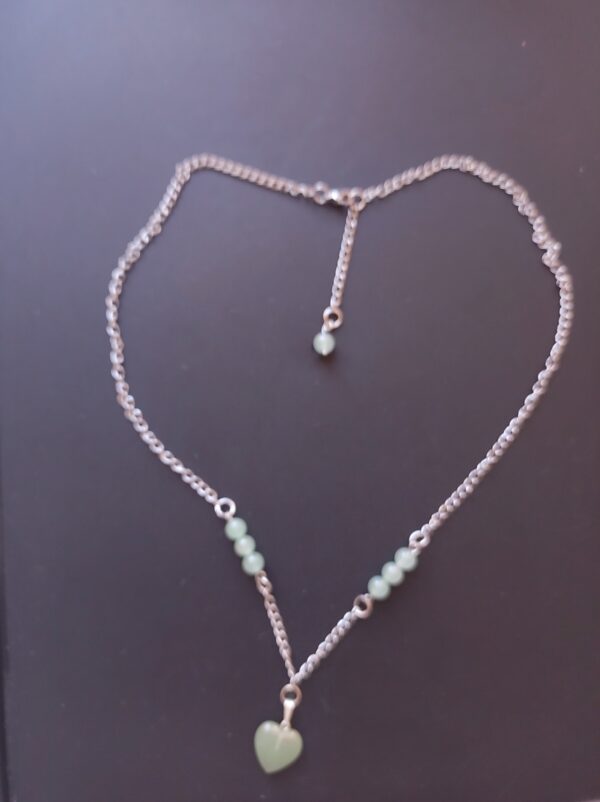 Chaîne acier inoxydable, perles Aventurine verte et pendentif cœur Aventurine verte