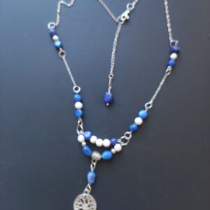 Chaîne acier inoxydable, Lapis Lazuli (6 mm et nuggets), Howlite (6 mm) et Arbre de vie
