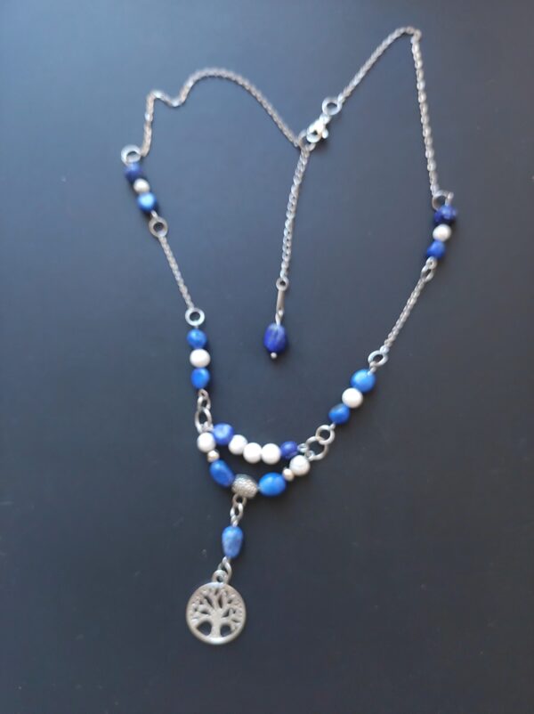 Chaîne acier inoxydable, Lapis Lazuli (6 mm et nuggets), Howlite (6 mm) et Arbre de vie