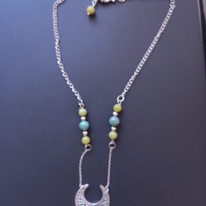 Chaîne acier inoxydable, Péridot (6 mm), Agate mousse (8 mm) et breloque Lune