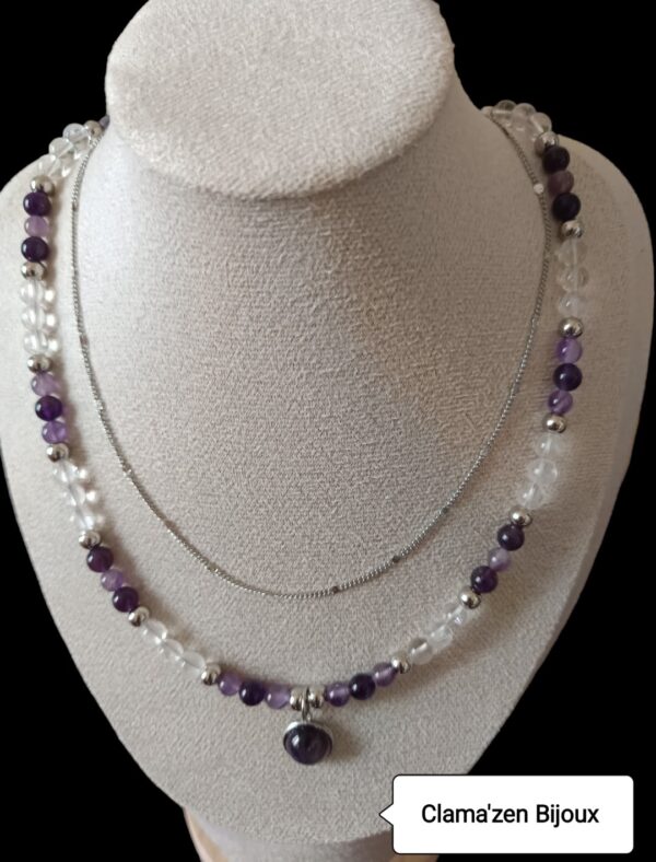 Collier en perles naturelles Améthyste (6mm) et Cristal de roche (6mm) et cabochon Améthyste (12mm) +Chaîne AI ras le cou