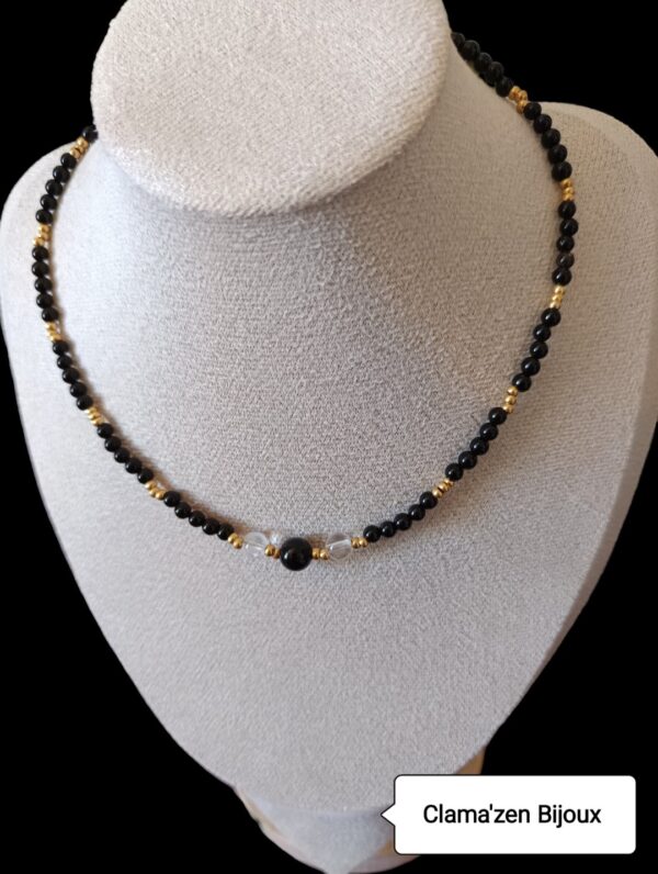 Collier ras le cou en perles naturelles d'Onyx et Cristal de roche