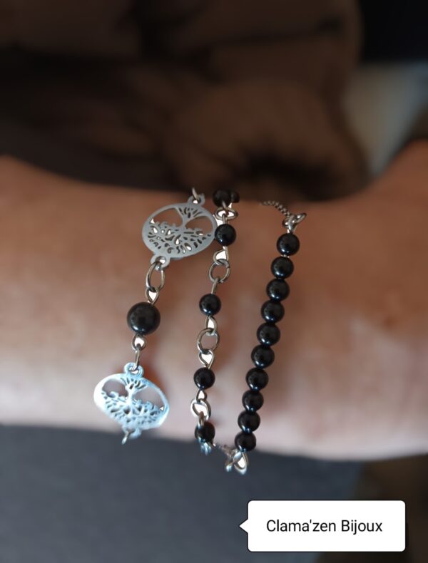 Bracelet tripe en perles naturelles d'Onyx et Arbre de vie