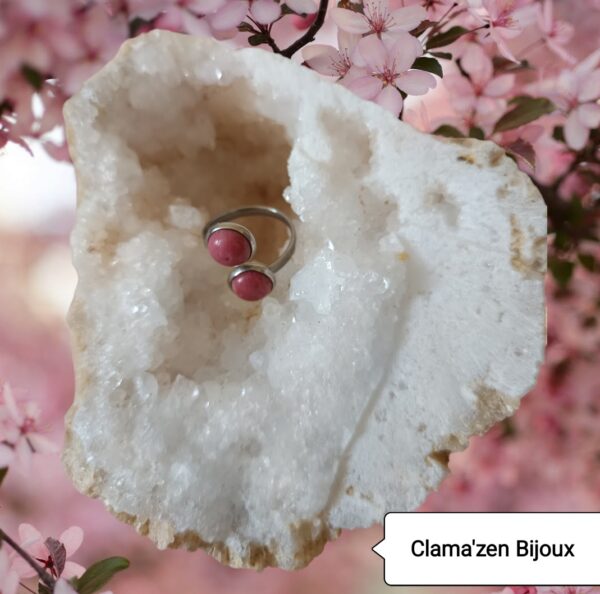 Bague double acier inoxydable argent et pierre naturelle Rhodonite
