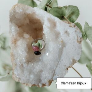 Bague double acier inoxydable argent et pierres naturelles Rhodonite et Onyx