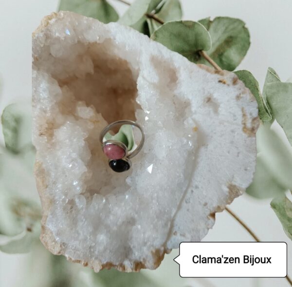 Bague double acier inoxydable argent et pierres naturelles Rhodonite et Onyx