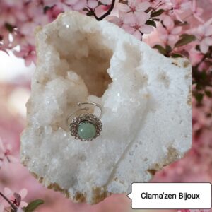 Bague fine acier inoxydable argent et pierre naturelle Aventurine verte