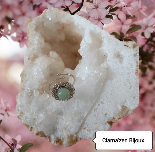 Bague fine acier inoxydable argent et pierre naturelle Aventurine verte