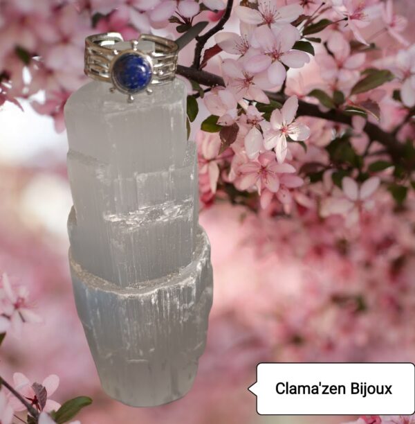 Bague large acier inoxydable argent soleil et pierre naturelle Lapis Lazuli
