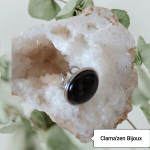 Grosse bague ronde acier inoxydable argent et pierre naturelle Onyx