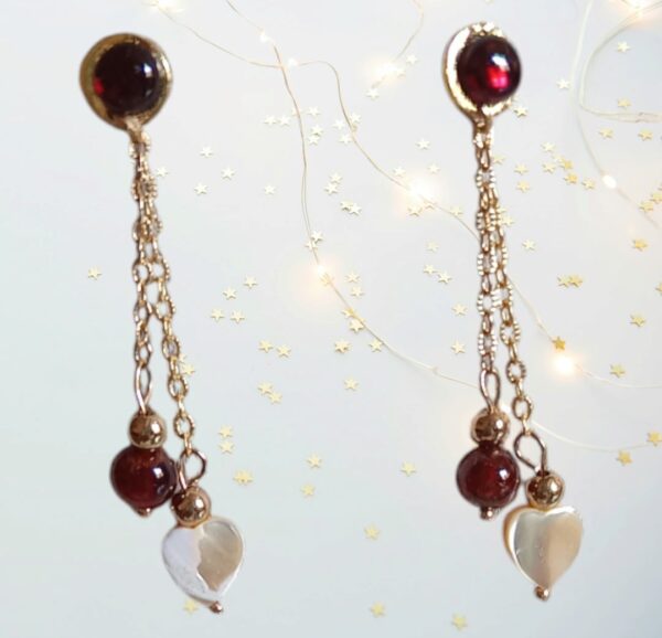 Boucles d'oreilles acier inoxydable doré, Grenat et nacre véritable