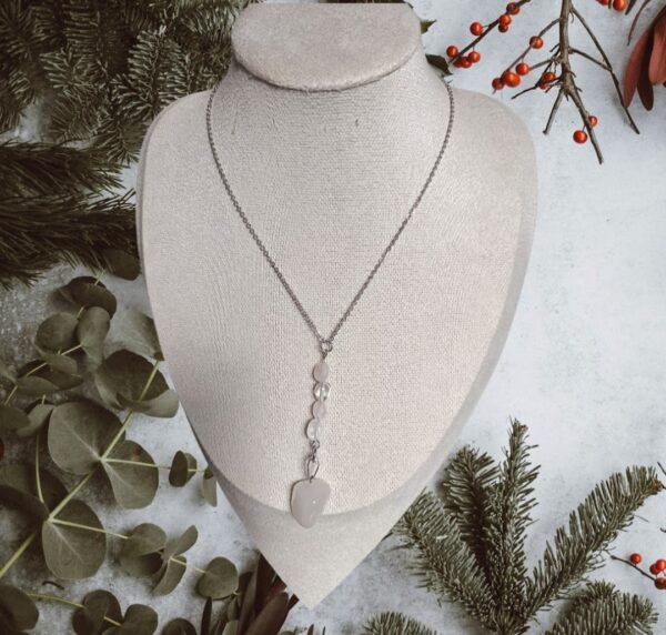 Chaîne acier inoxydable argent, Quartz rose et Cristal de roche