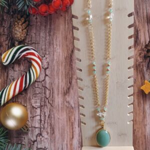 Sautoir chaîne acier inoxydable dorée et cabochon Aventurine verte véritable