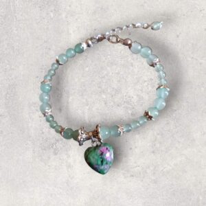 Bracelet Aventurine verte véritable en 6mm et coeur en Rubis zoïsite