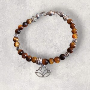Bracelet Oeil de tigre véritable en 6mm et breloque Lotus