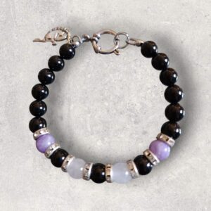 Bracelet Onyx, Lépidolite et Jade blanc véritable en 8mm