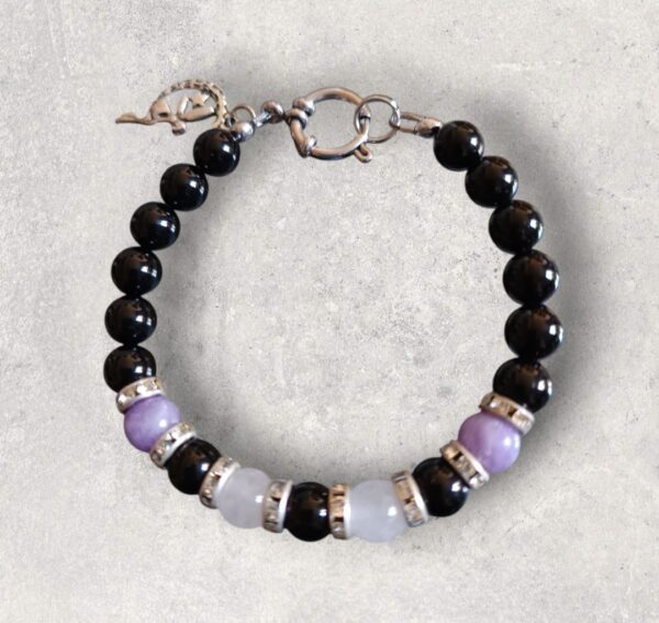 Bracelet Onyx, Lépidolite et Jade blanc véritable en 8mm