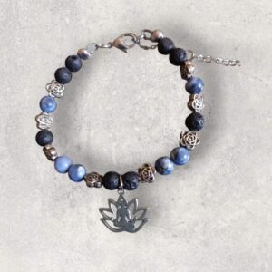 Bracelet Sodalite et Pierre de lave véritable en 6mm et breloque Yoga