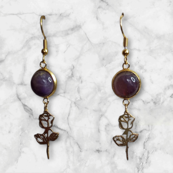 Boucles d'oreilles AI doré avec rose et Améthyste véritable