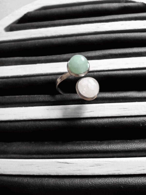 Bague double ajustable Quartz rose et Aventurine verte véritable