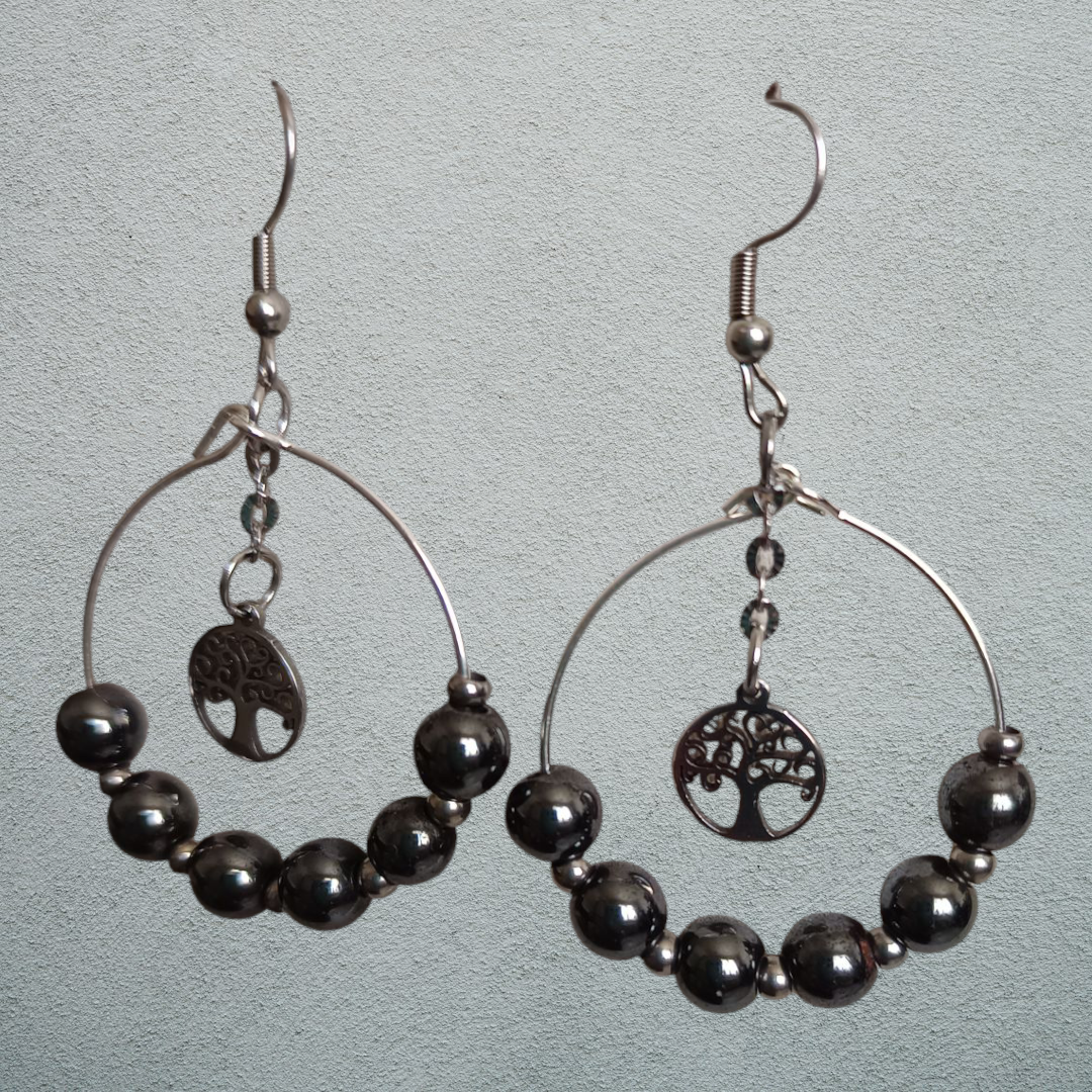 Boucles d'oreilles AI Hématite véritable et Arbre de vie