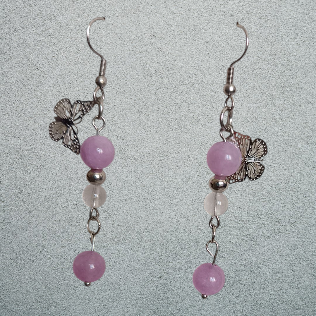 Boucles d'oreilles AI Lépidolite et Cristal de roche véritable et papillons