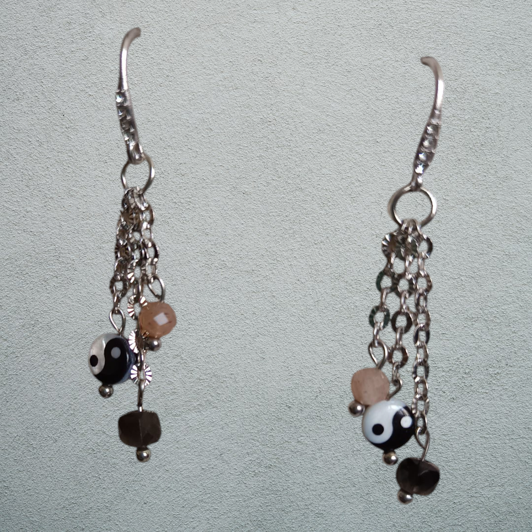 Boucles d'oreilles AI Pierre de soleil, Obsidienne argentée véritable et Yin et Yang
