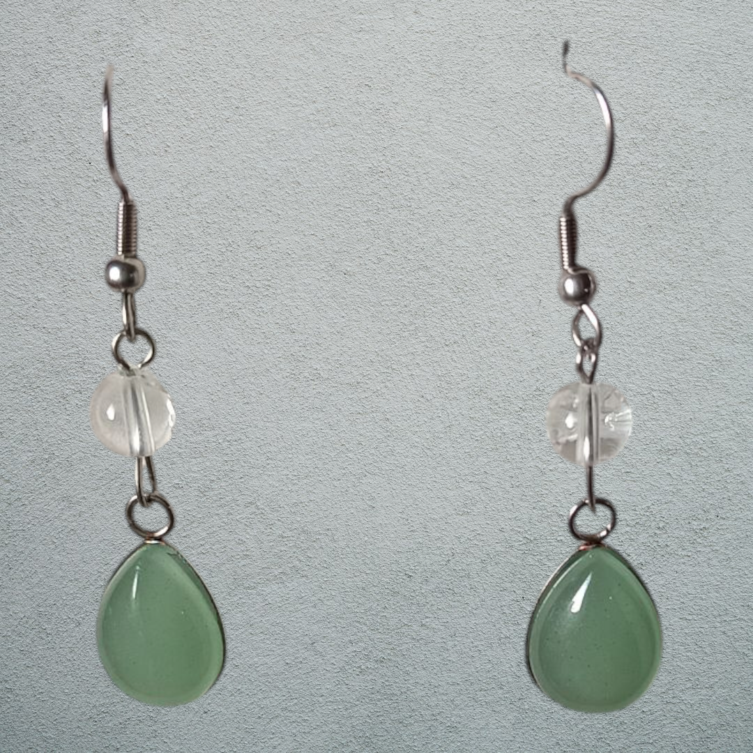 Boucles d'oreilles acier inoxydable, Aventurine verte et Cristal de roche véritable