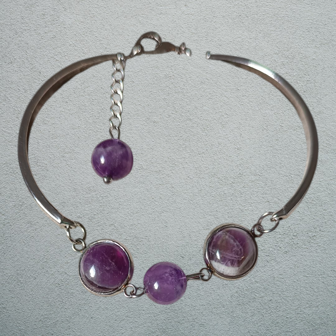 Bracelet acier inoxydable et Améthyste chevron véritable