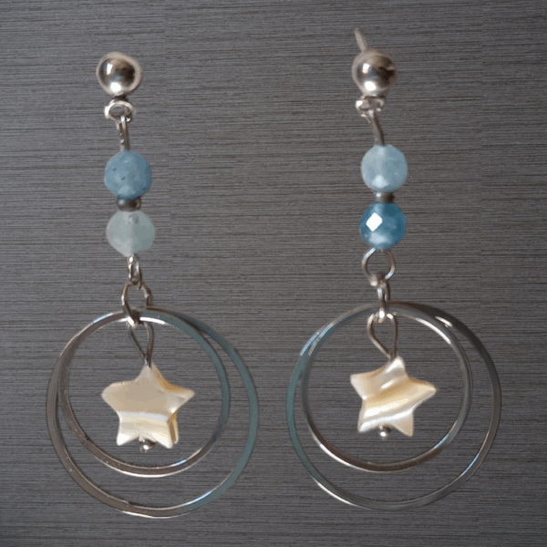 Boucles d'oreilles Aigue-marine véritable et étoile de nacre