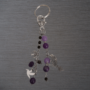 Porte-clés Améthyste véritable et Obsidienne oeil céleste dorée