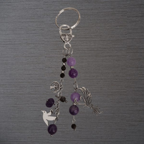Porte-clés Améthyste véritable et Obsidienne oeil céleste dorée